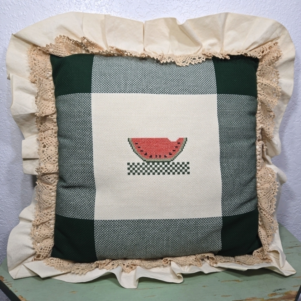Watermelon Stitched Needlepoint Decirative Throw Pillow Vintage